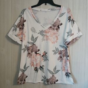 Women's Top Size Large White Peach Floral Shirt Cuffed Sleeve Split At Hip